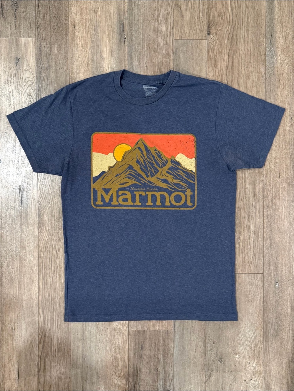 Marmot Navy Short Sleeve Graphic Tee with Orange and Yellow Print